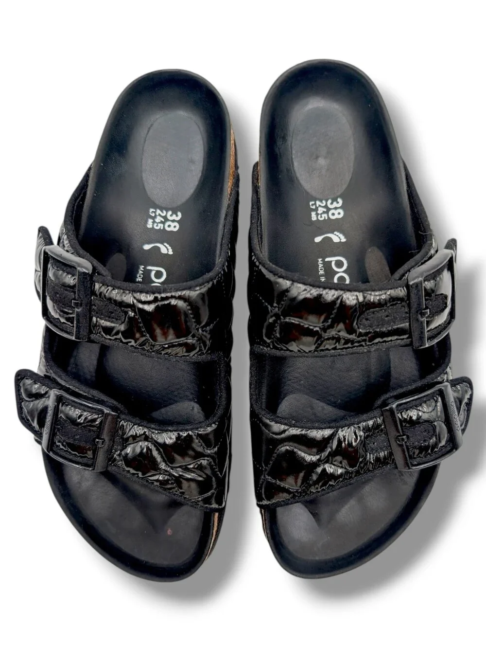 Papillio by Birkenstock Sz 7-7.5 Arizona Platform Padded Blk Patent-Like Sandals